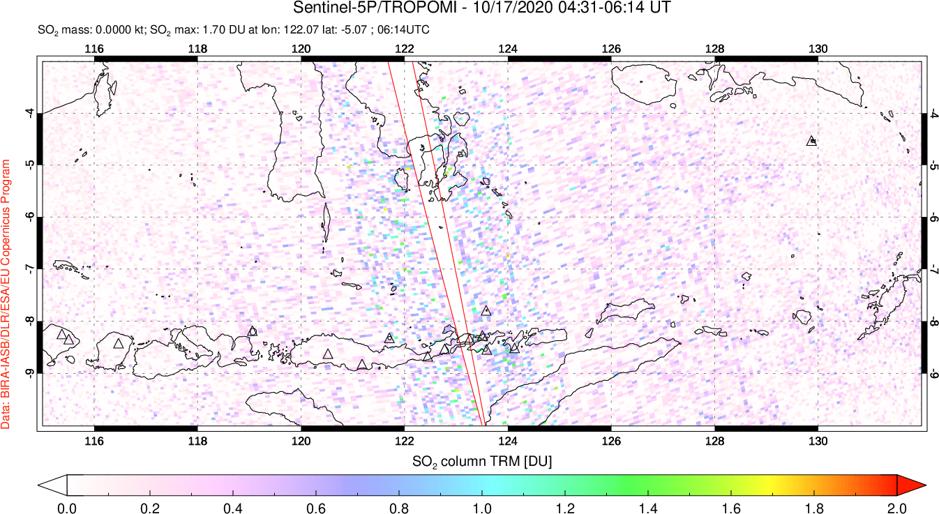 A sulfur dioxide image over Lesser Sunda Islands, Indonesia on Oct 17, 2020.