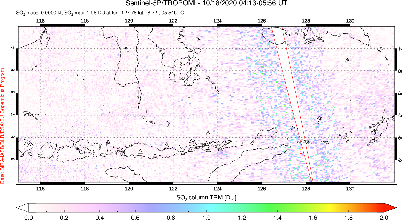 A sulfur dioxide image over Lesser Sunda Islands, Indonesia on Oct 18, 2020.