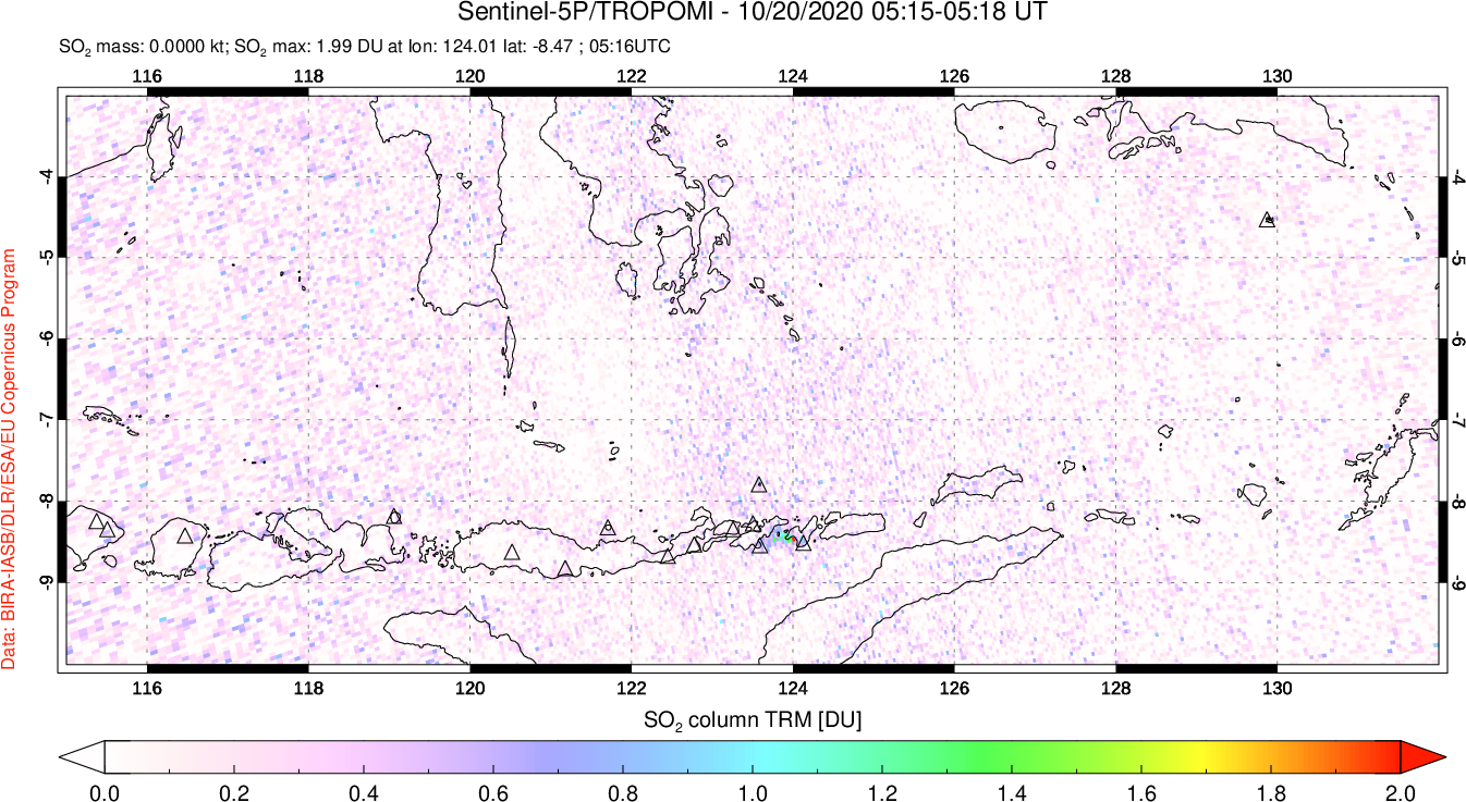 A sulfur dioxide image over Lesser Sunda Islands, Indonesia on Oct 20, 2020.