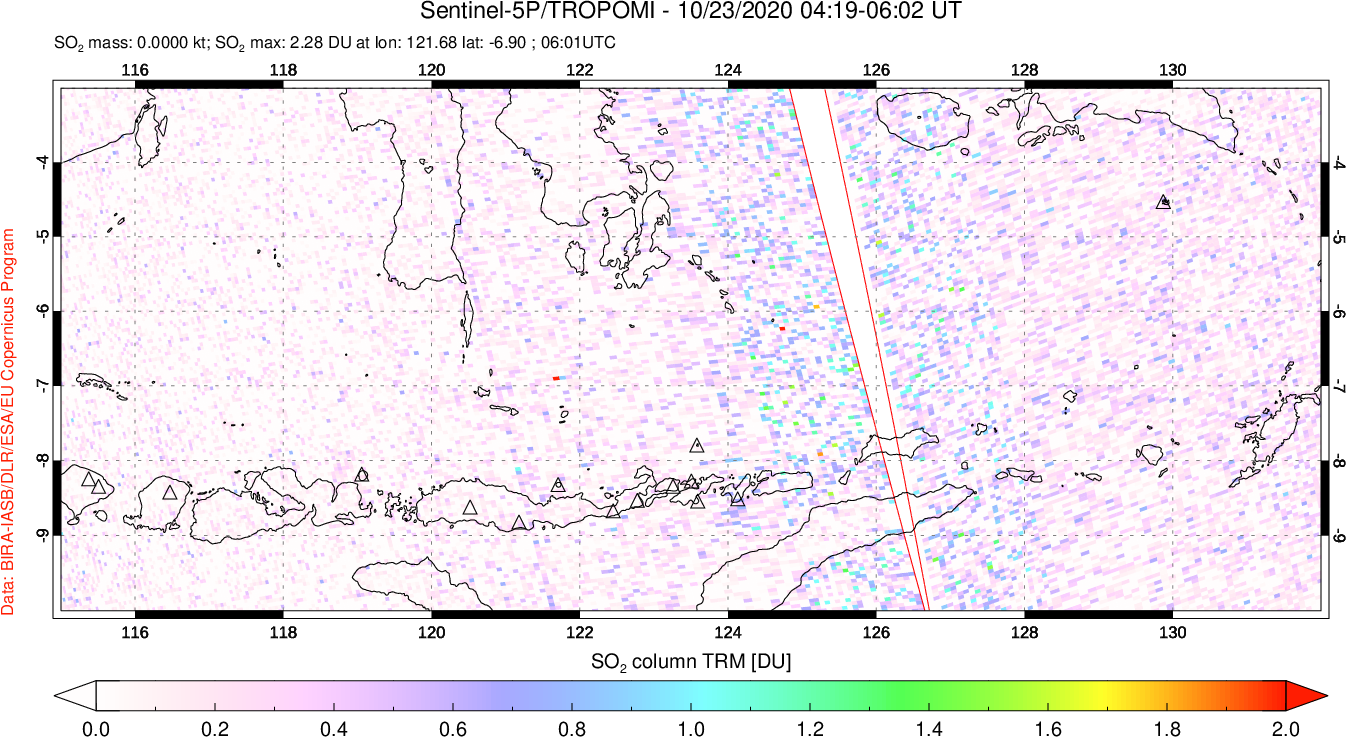 A sulfur dioxide image over Lesser Sunda Islands, Indonesia on Oct 23, 2020.