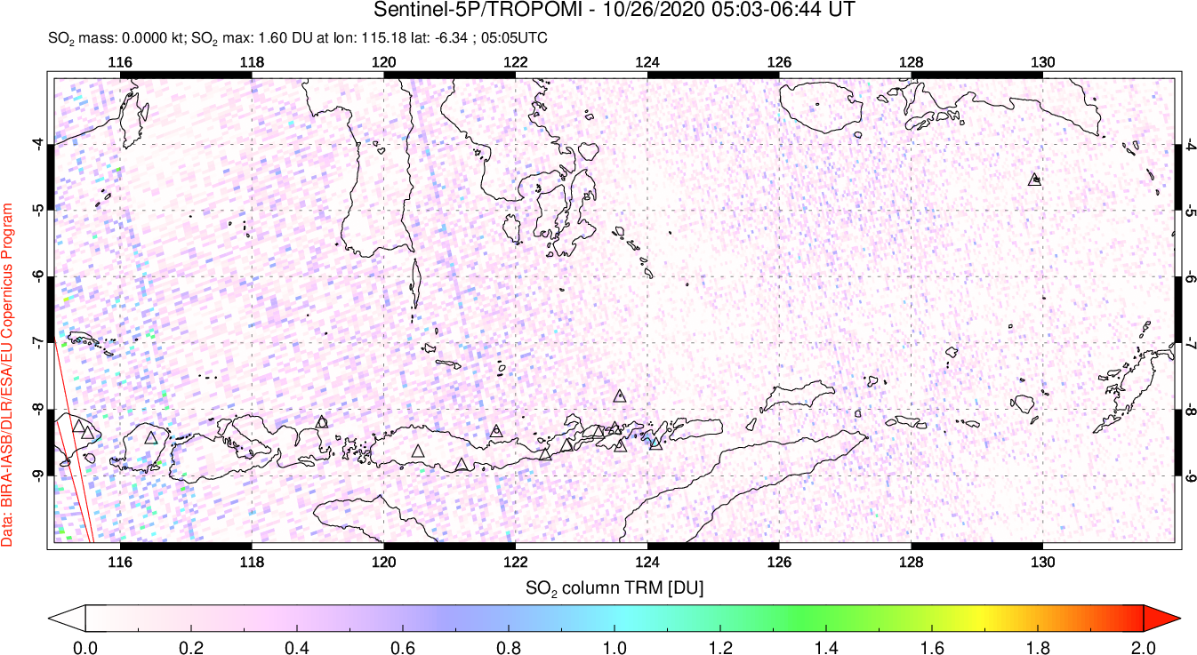 A sulfur dioxide image over Lesser Sunda Islands, Indonesia on Oct 26, 2020.