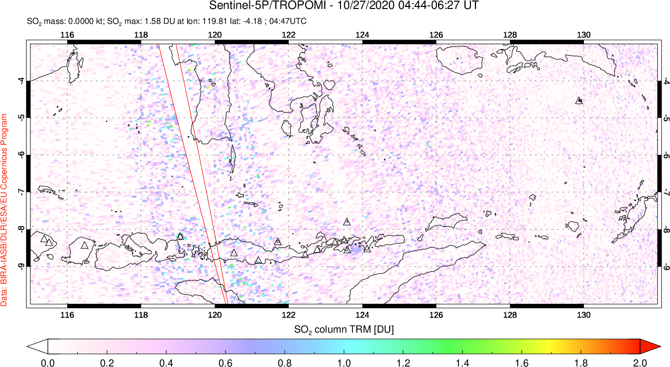 A sulfur dioxide image over Lesser Sunda Islands, Indonesia on Oct 27, 2020.