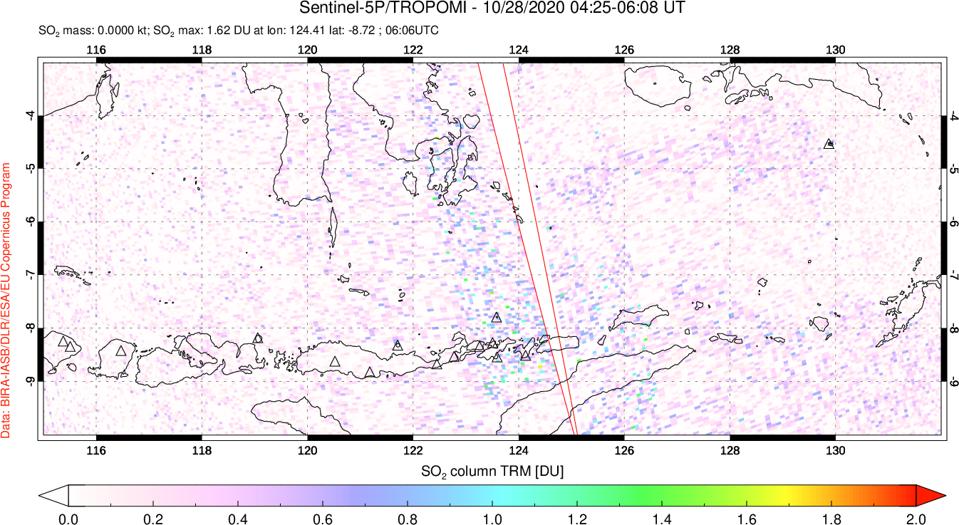 A sulfur dioxide image over Lesser Sunda Islands, Indonesia on Oct 28, 2020.