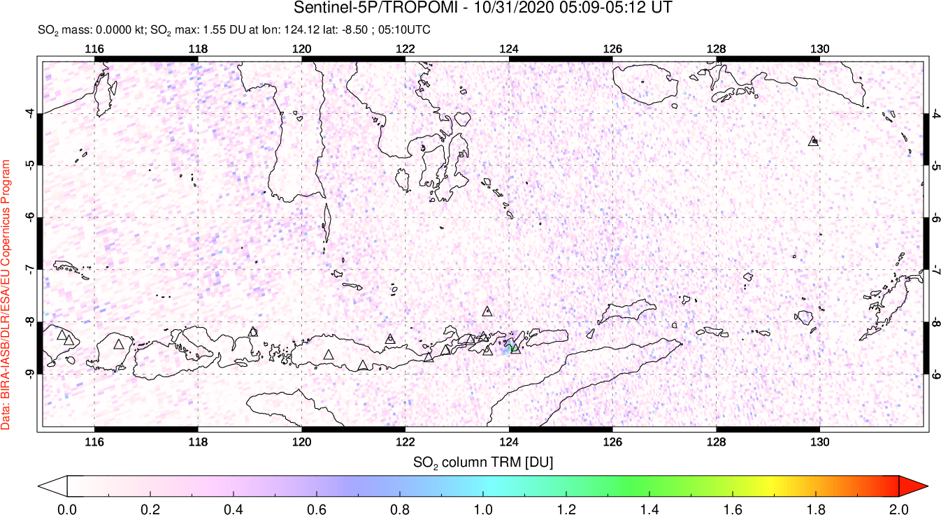 A sulfur dioxide image over Lesser Sunda Islands, Indonesia on Oct 31, 2020.