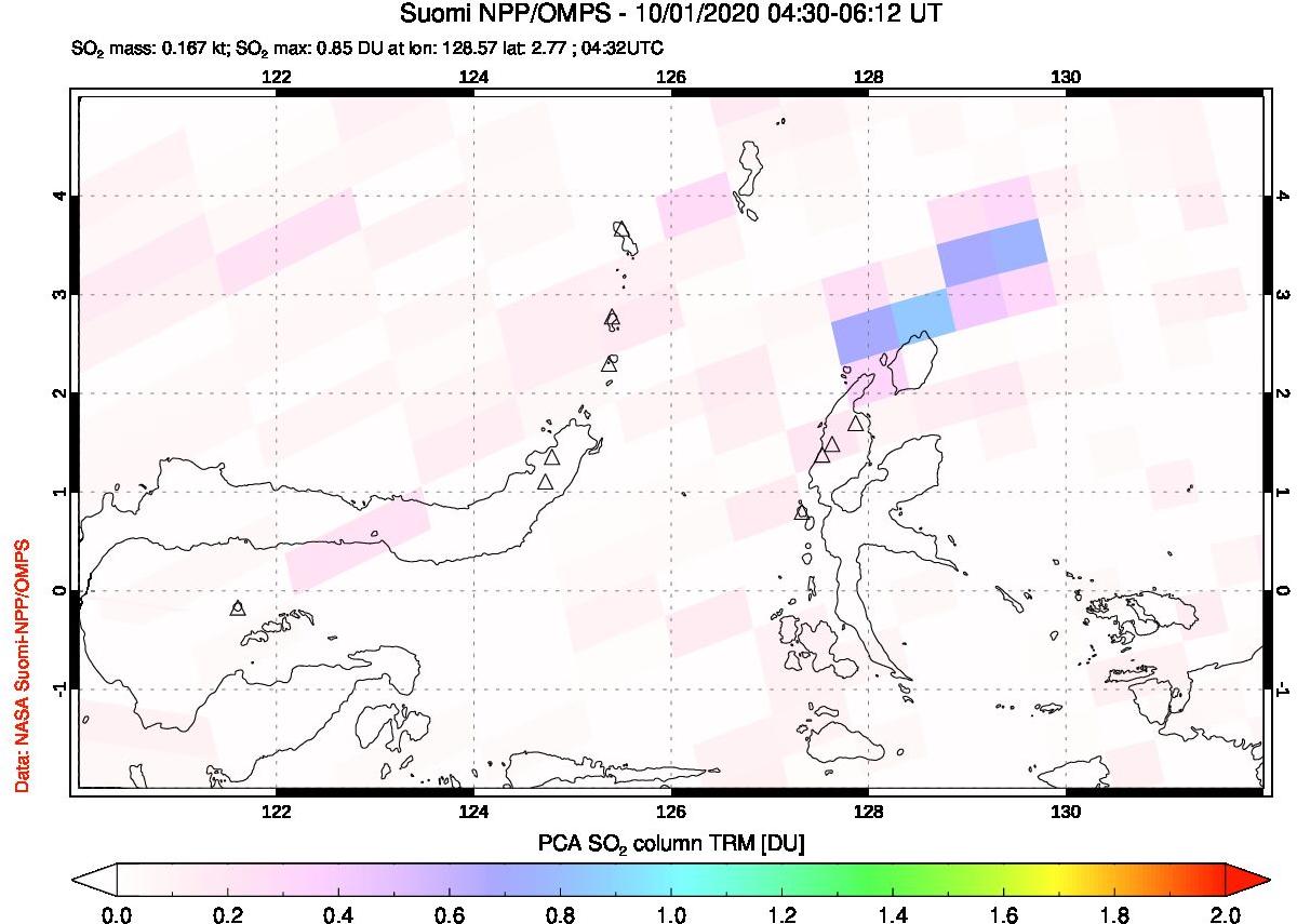 A sulfur dioxide image over Northern Sulawesi & Halmahera, Indonesia on Oct 01, 2020.