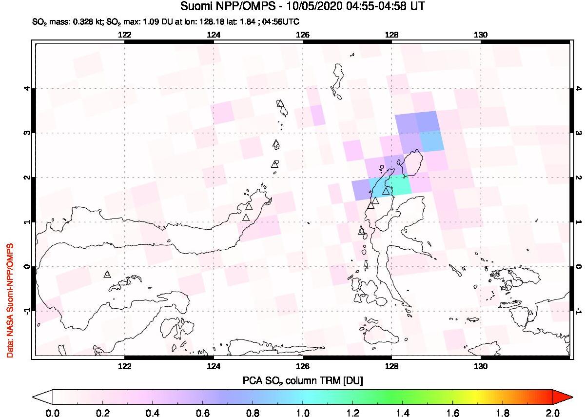 A sulfur dioxide image over Northern Sulawesi & Halmahera, Indonesia on Oct 05, 2020.