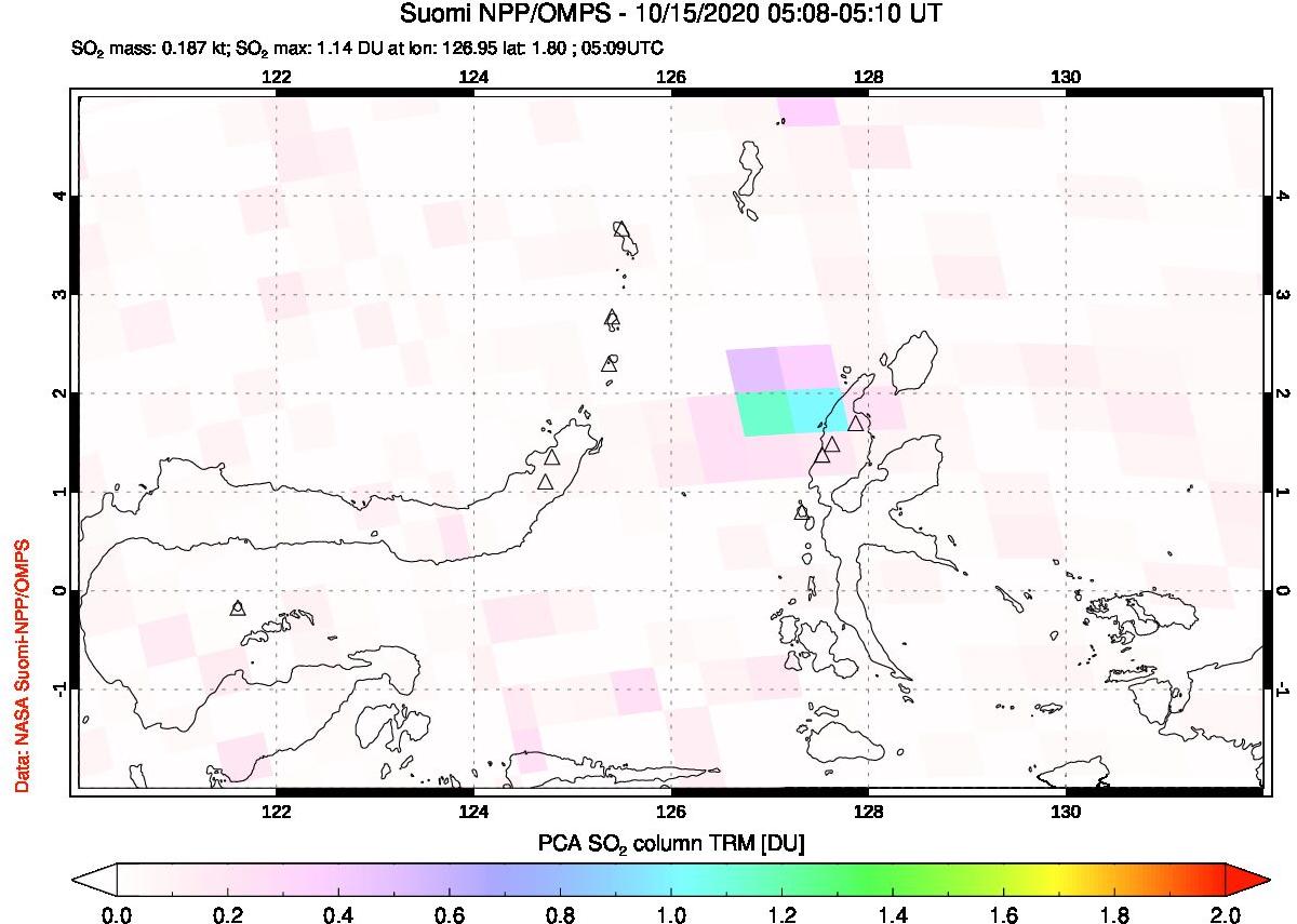 A sulfur dioxide image over Northern Sulawesi & Halmahera, Indonesia on Oct 15, 2020.