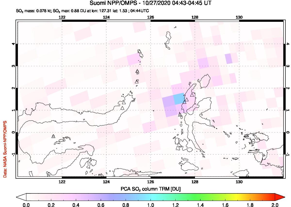 A sulfur dioxide image over Northern Sulawesi & Halmahera, Indonesia on Oct 27, 2020.
