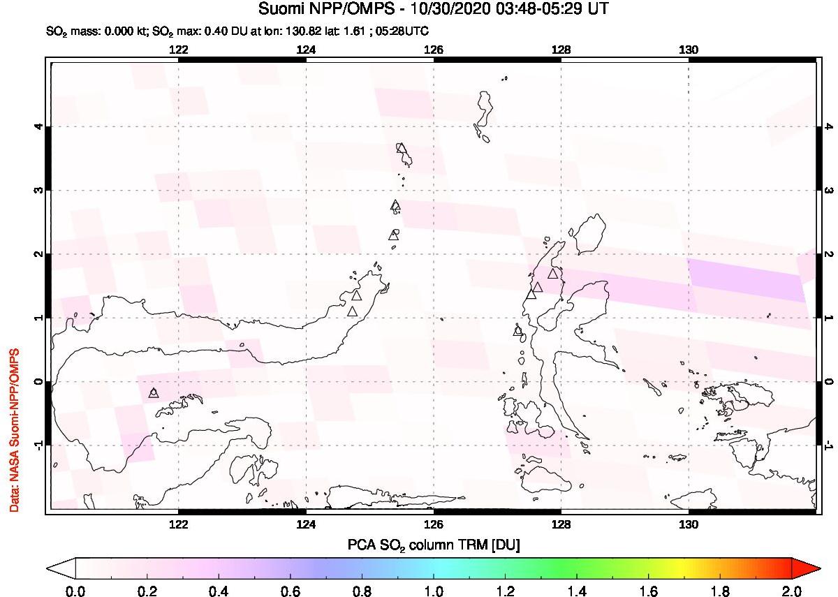 A sulfur dioxide image over Northern Sulawesi & Halmahera, Indonesia on Oct 30, 2020.