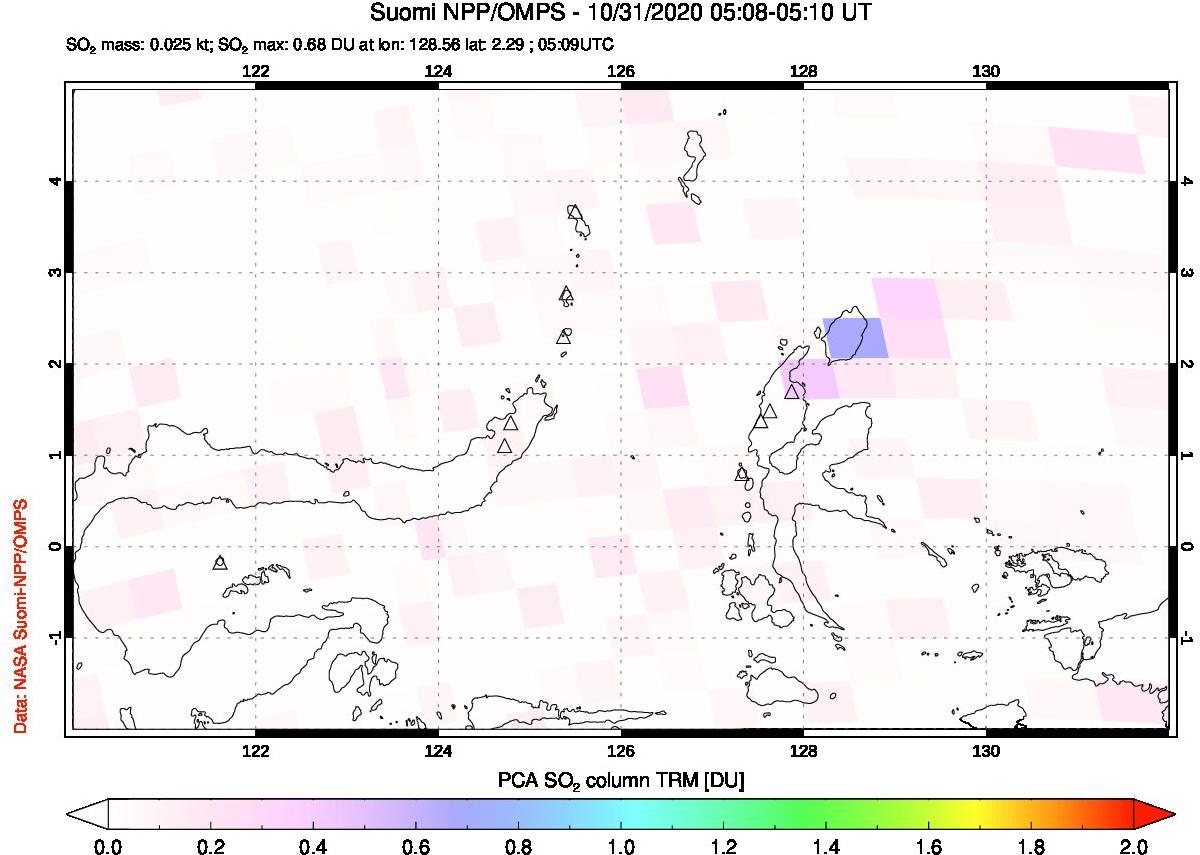 A sulfur dioxide image over Northern Sulawesi & Halmahera, Indonesia on Oct 31, 2020.