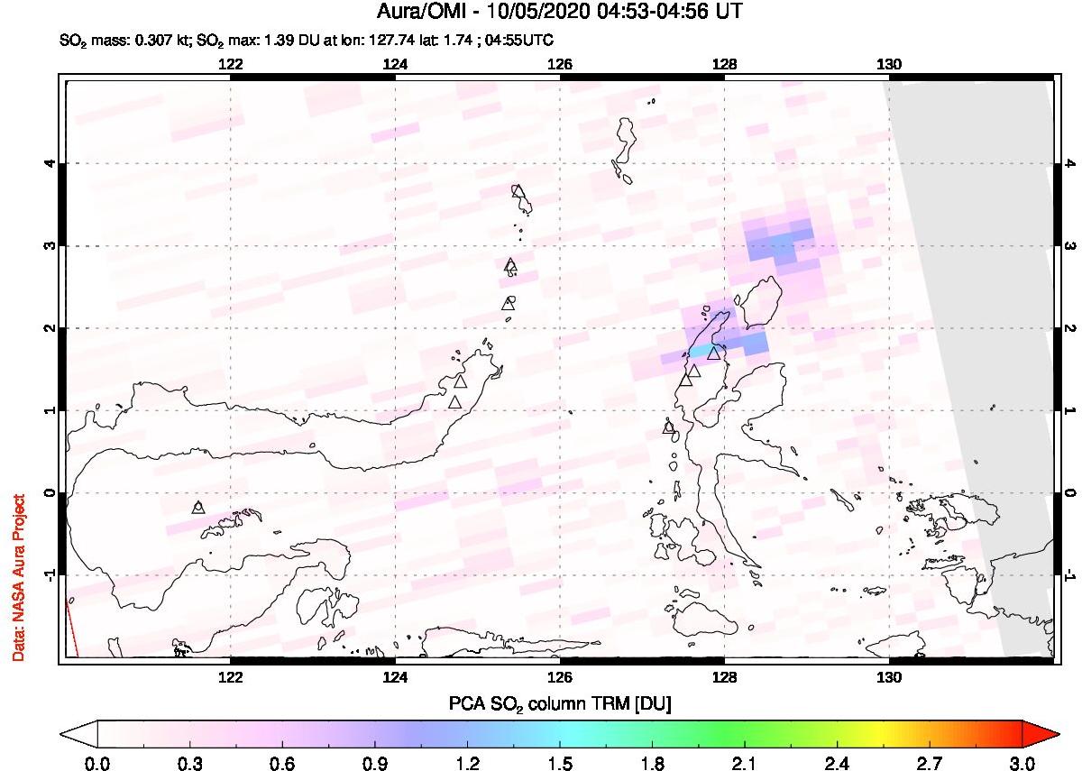 A sulfur dioxide image over Northern Sulawesi & Halmahera, Indonesia on Oct 05, 2020.