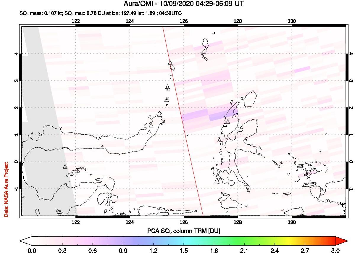 A sulfur dioxide image over Northern Sulawesi & Halmahera, Indonesia on Oct 09, 2020.