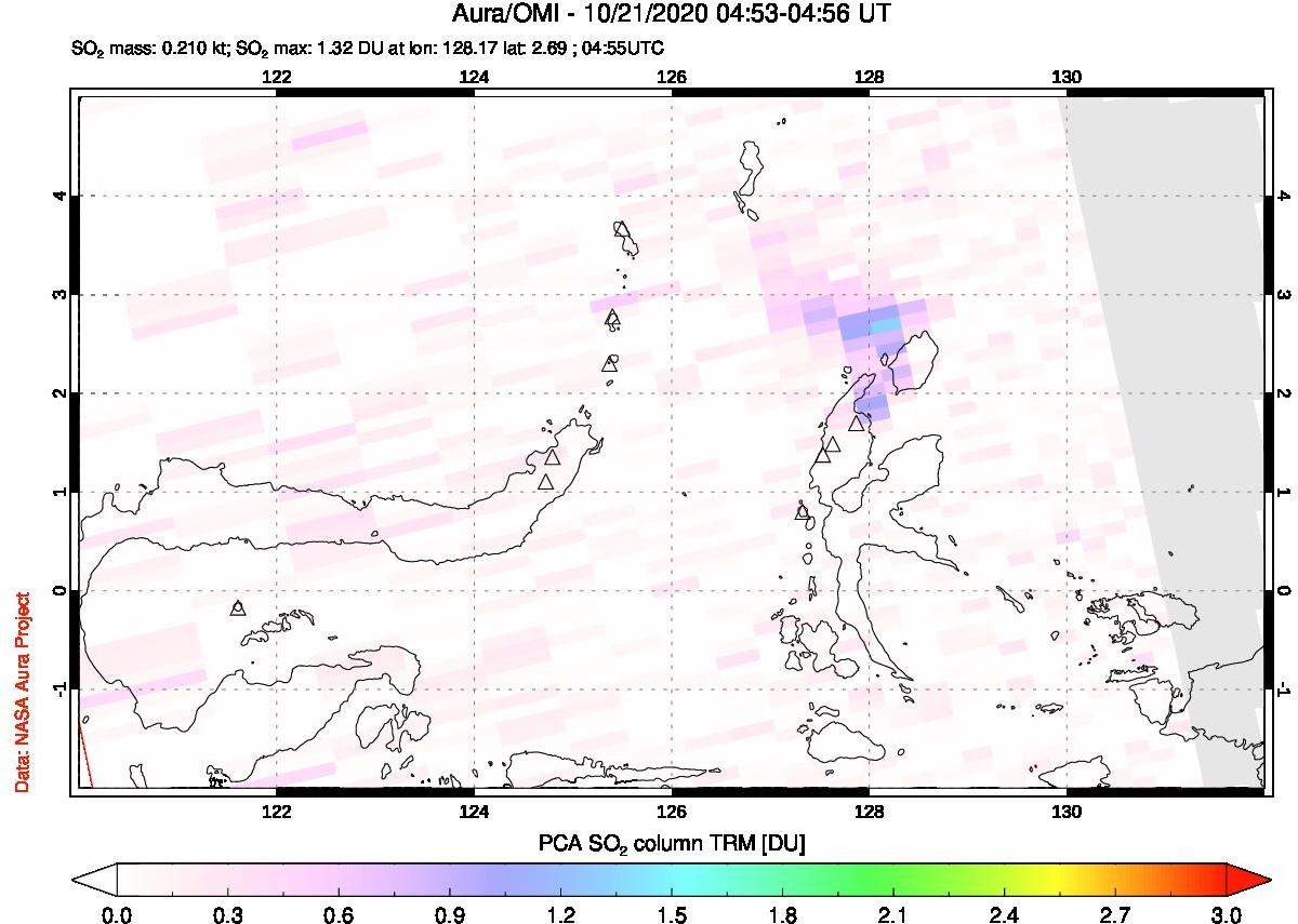A sulfur dioxide image over Northern Sulawesi & Halmahera, Indonesia on Oct 21, 2020.