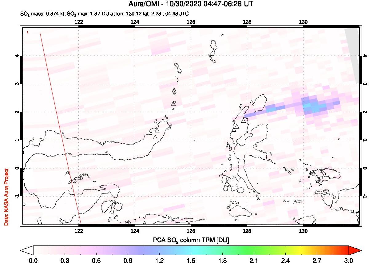A sulfur dioxide image over Northern Sulawesi & Halmahera, Indonesia on Oct 30, 2020.