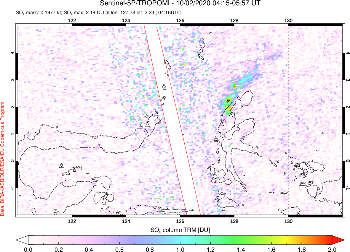 A sulfur dioxide image over Northern Sulawesi & Halmahera, Indonesia on Oct 02, 2020.