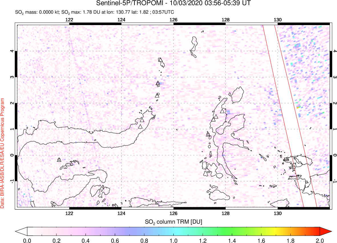 A sulfur dioxide image over Northern Sulawesi & Halmahera, Indonesia on Oct 03, 2020.