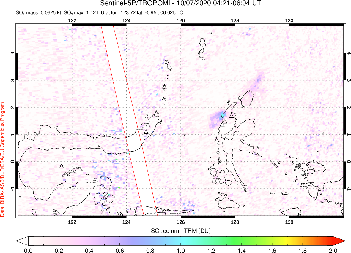 A sulfur dioxide image over Northern Sulawesi & Halmahera, Indonesia on Oct 07, 2020.