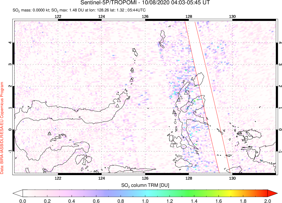 A sulfur dioxide image over Northern Sulawesi & Halmahera, Indonesia on Oct 08, 2020.