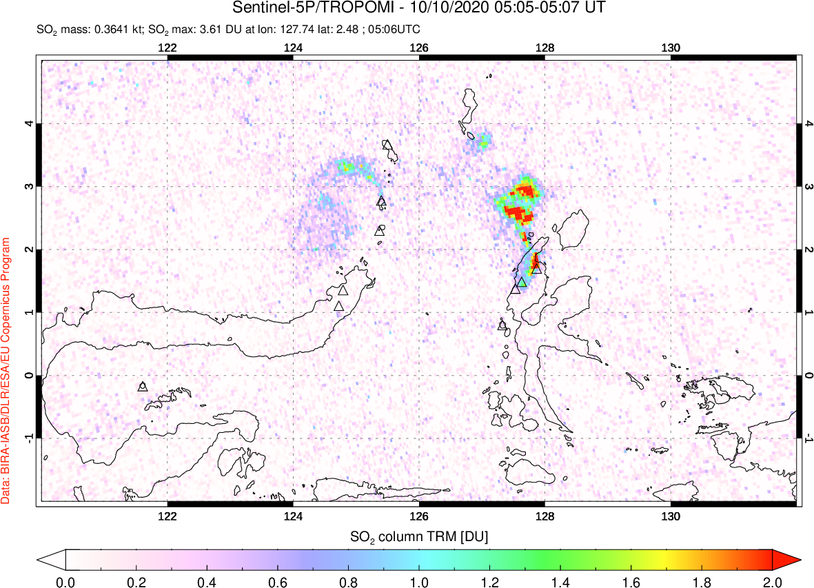 A sulfur dioxide image over Northern Sulawesi & Halmahera, Indonesia on Oct 10, 2020.