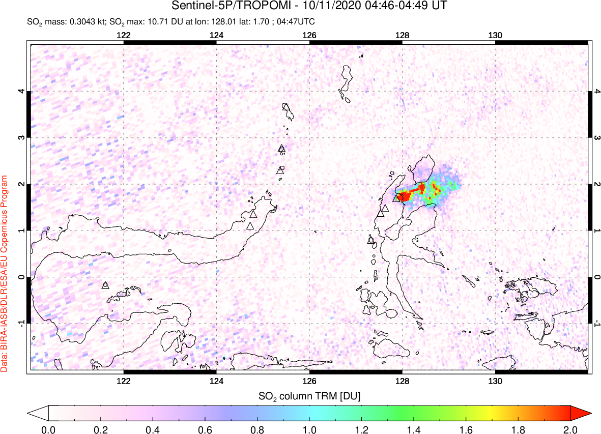 A sulfur dioxide image over Northern Sulawesi & Halmahera, Indonesia on Oct 11, 2020.