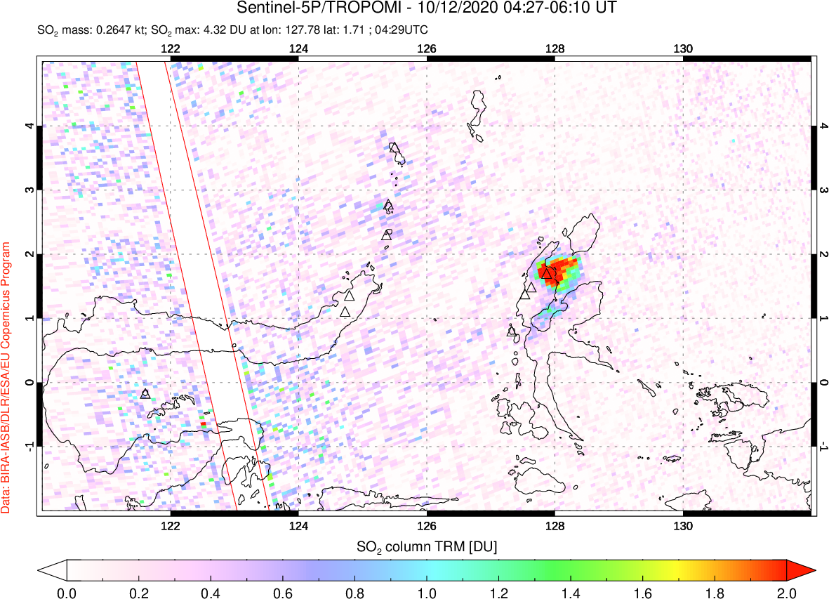 A sulfur dioxide image over Northern Sulawesi & Halmahera, Indonesia on Oct 12, 2020.