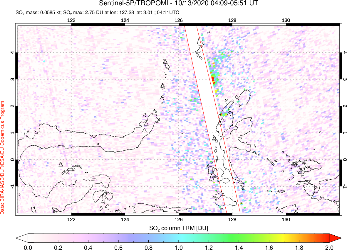 A sulfur dioxide image over Northern Sulawesi & Halmahera, Indonesia on Oct 13, 2020.