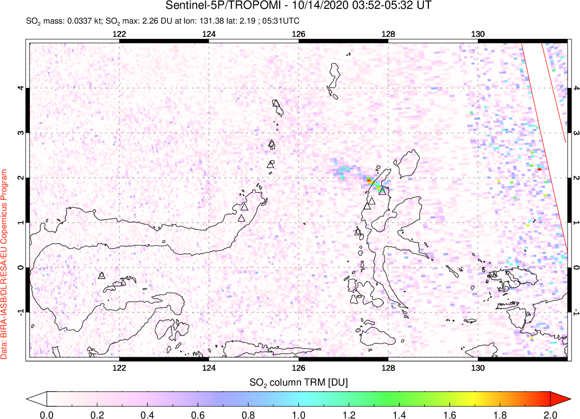 A sulfur dioxide image over Northern Sulawesi & Halmahera, Indonesia on Oct 14, 2020.