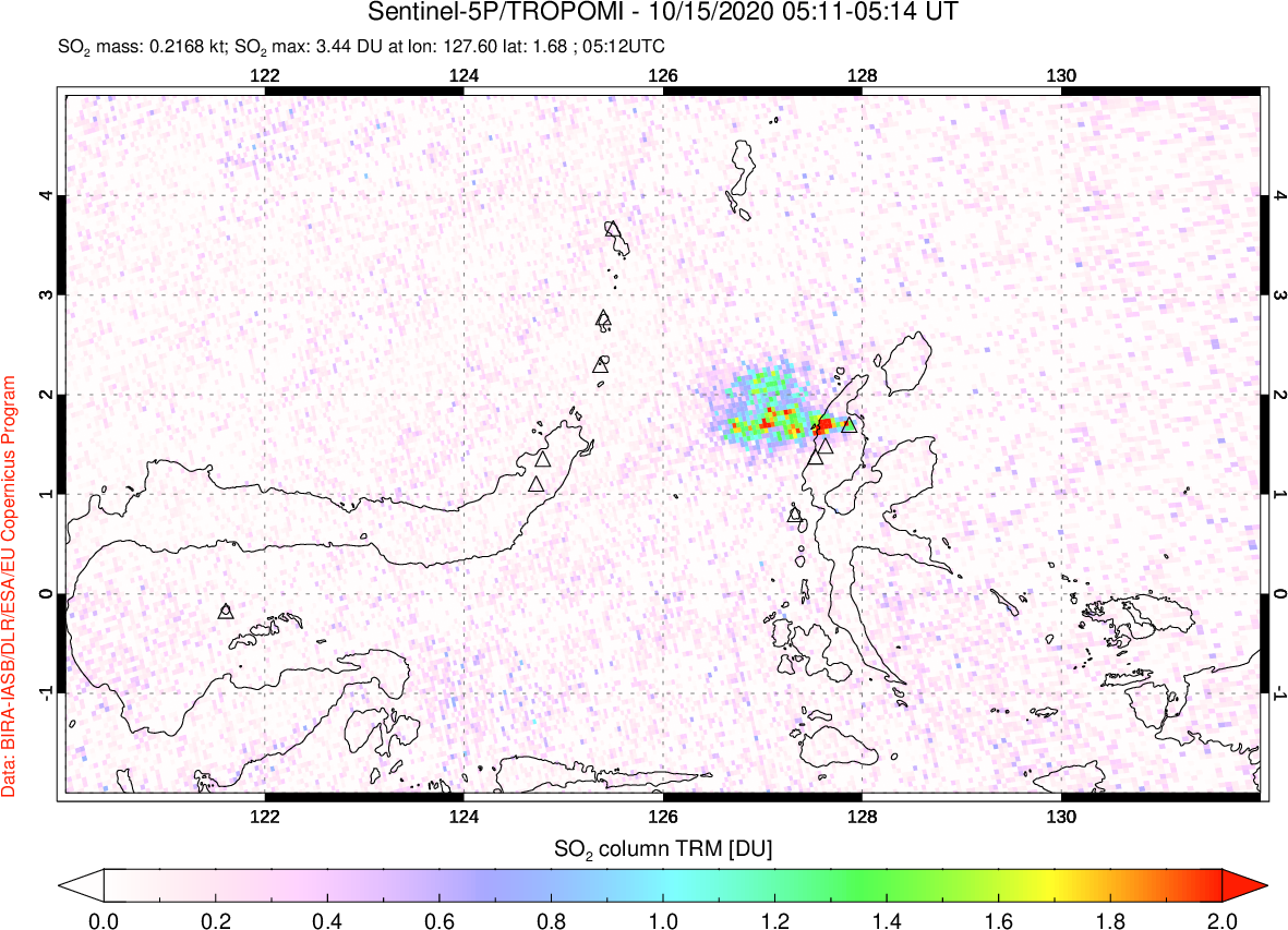 A sulfur dioxide image over Northern Sulawesi & Halmahera, Indonesia on Oct 15, 2020.