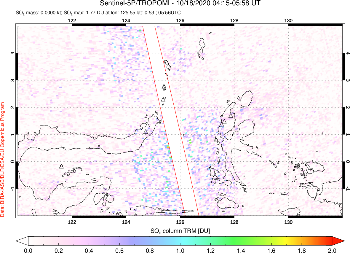 A sulfur dioxide image over Northern Sulawesi & Halmahera, Indonesia on Oct 18, 2020.