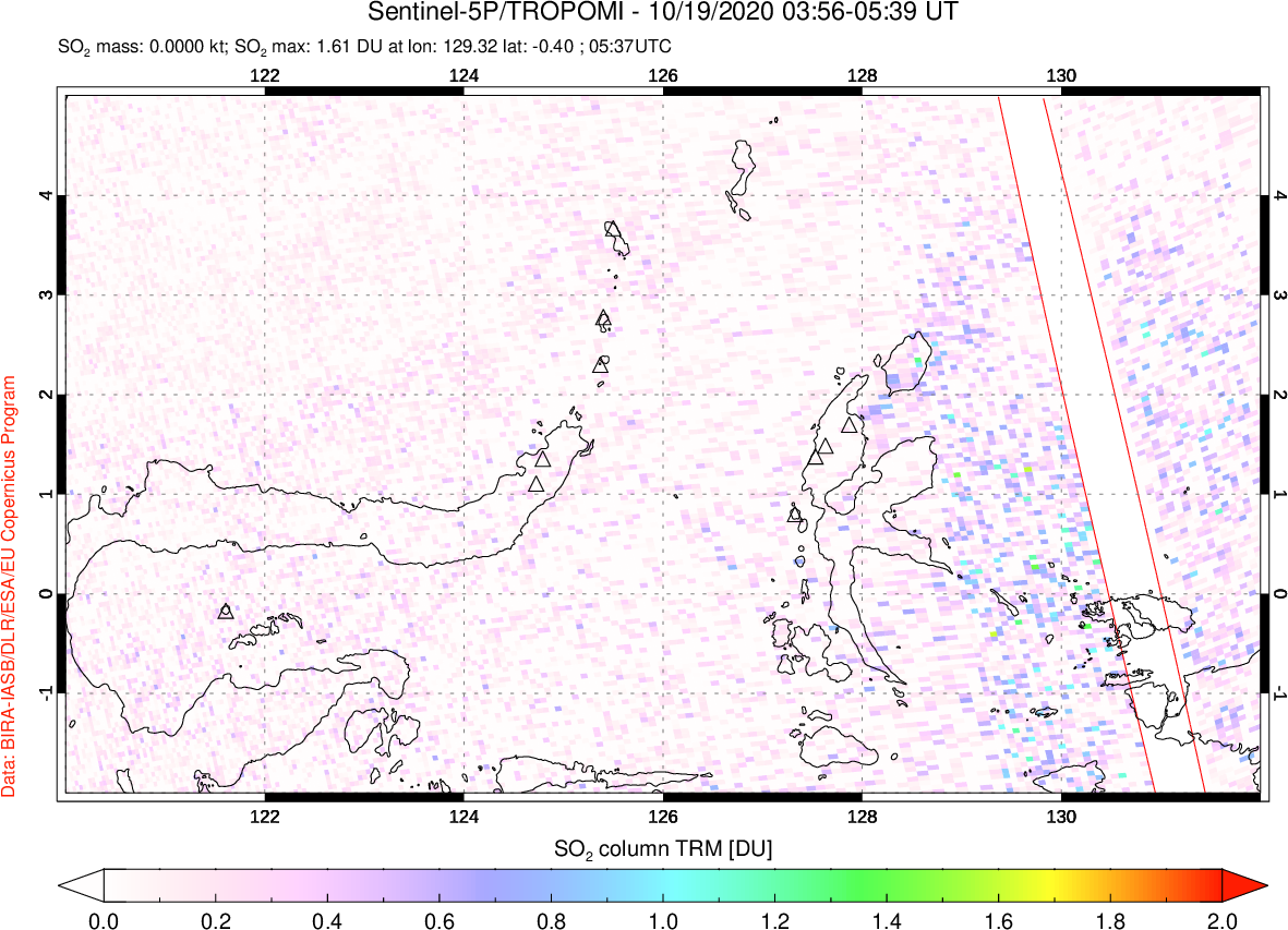 A sulfur dioxide image over Northern Sulawesi & Halmahera, Indonesia on Oct 19, 2020.