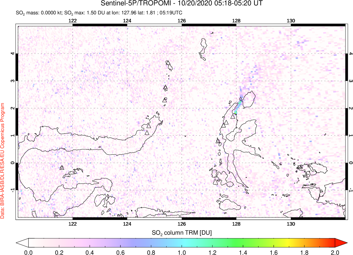 A sulfur dioxide image over Northern Sulawesi & Halmahera, Indonesia on Oct 20, 2020.