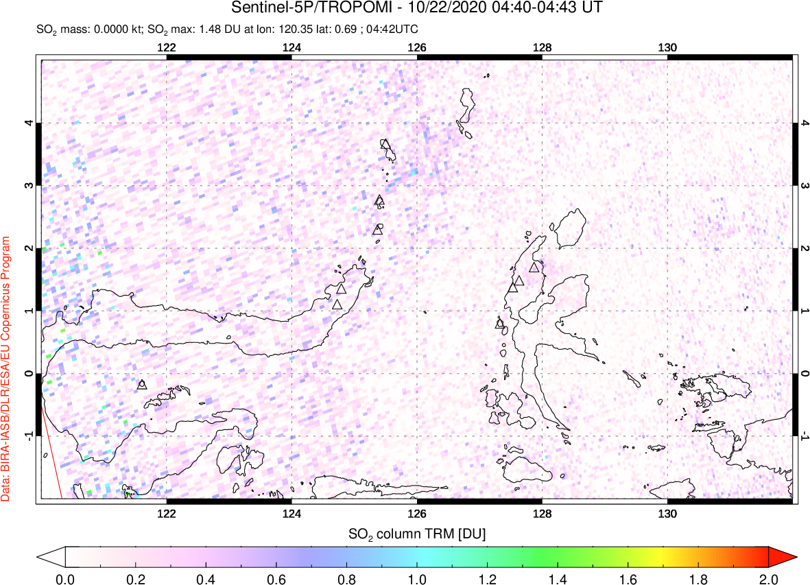 A sulfur dioxide image over Northern Sulawesi & Halmahera, Indonesia on Oct 22, 2020.