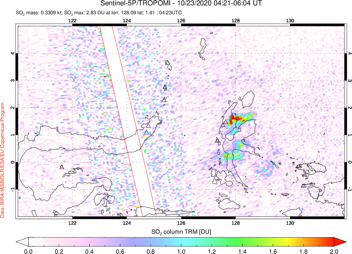A sulfur dioxide image over Northern Sulawesi & Halmahera, Indonesia on Oct 23, 2020.