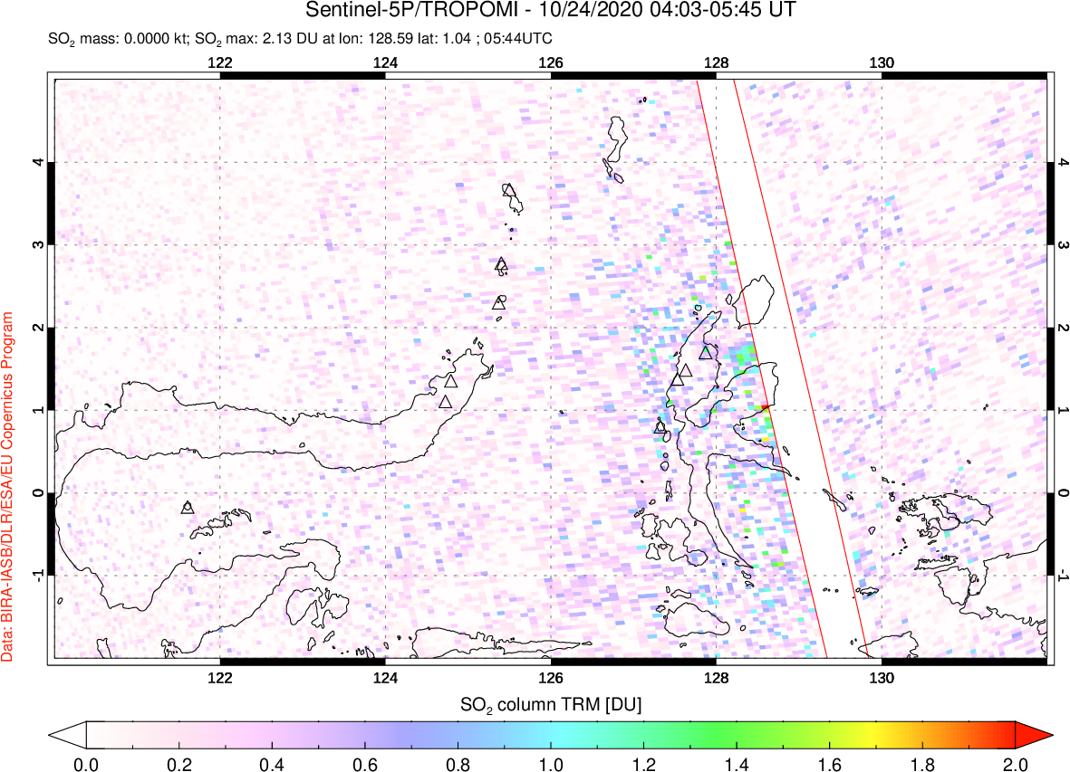A sulfur dioxide image over Northern Sulawesi & Halmahera, Indonesia on Oct 24, 2020.