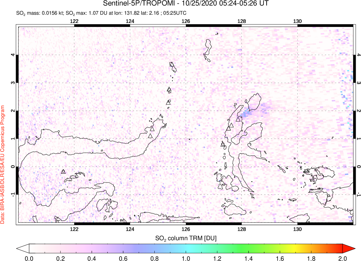 A sulfur dioxide image over Northern Sulawesi & Halmahera, Indonesia on Oct 25, 2020.