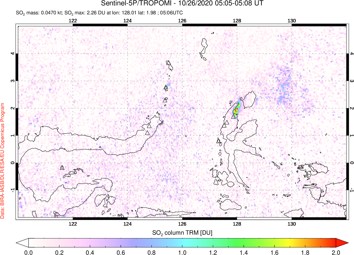 A sulfur dioxide image over Northern Sulawesi & Halmahera, Indonesia on Oct 26, 2020.