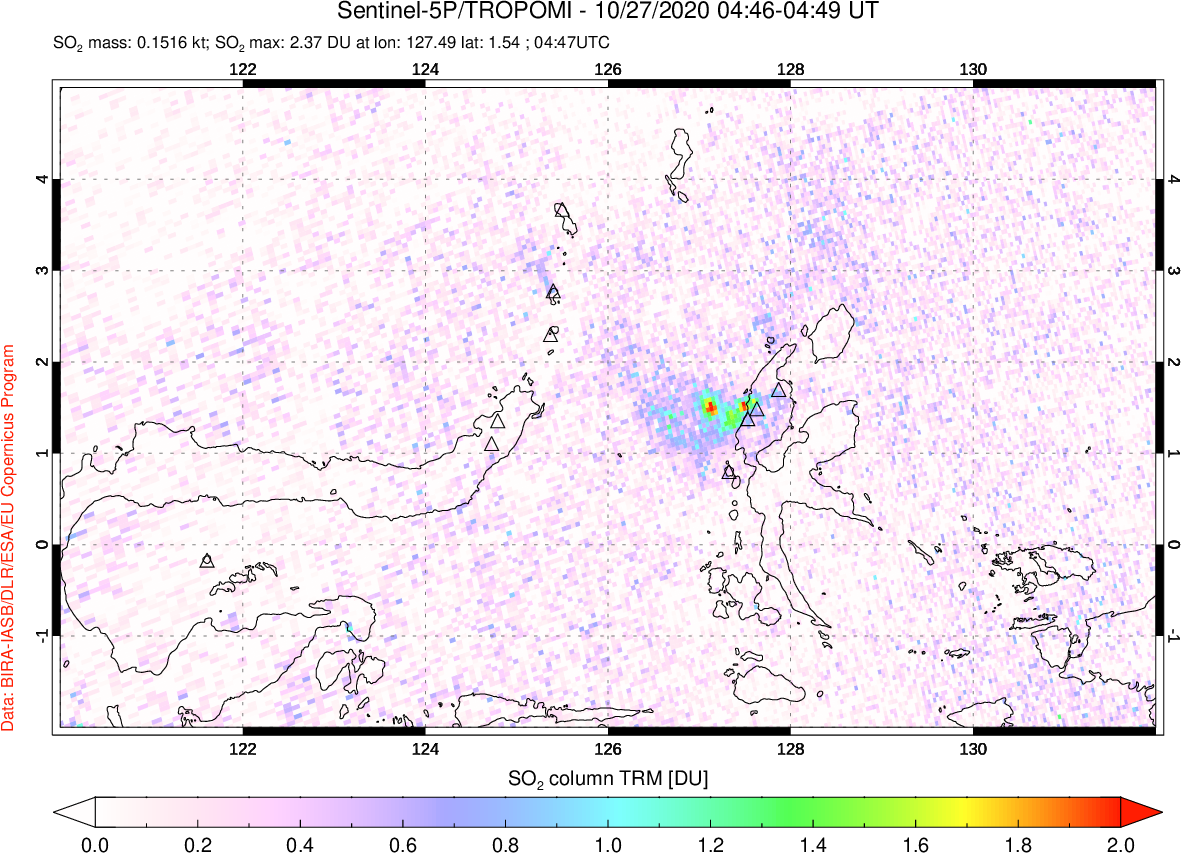 A sulfur dioxide image over Northern Sulawesi & Halmahera, Indonesia on Oct 27, 2020.