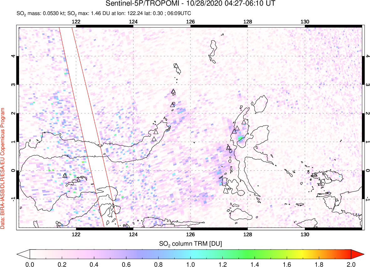 A sulfur dioxide image over Northern Sulawesi & Halmahera, Indonesia on Oct 28, 2020.