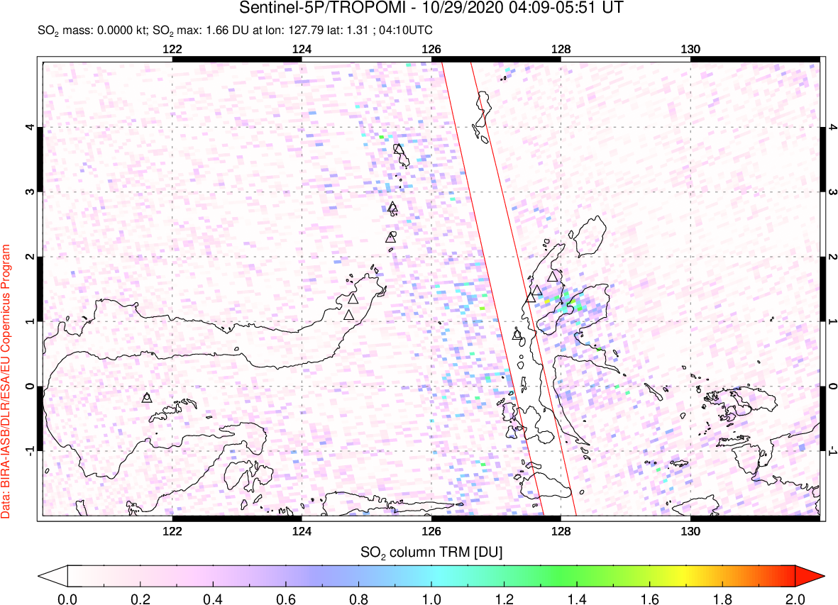A sulfur dioxide image over Northern Sulawesi & Halmahera, Indonesia on Oct 29, 2020.