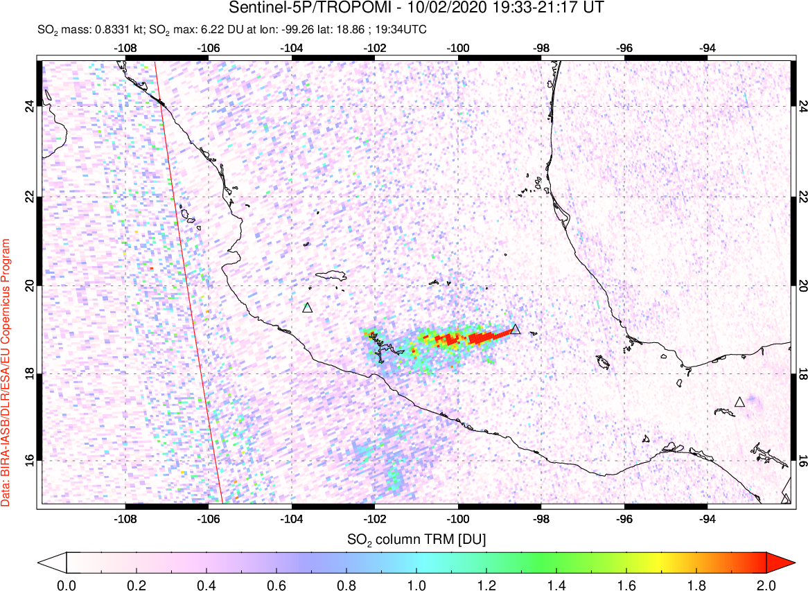 A sulfur dioxide image over Mexico on Oct 02, 2020.
