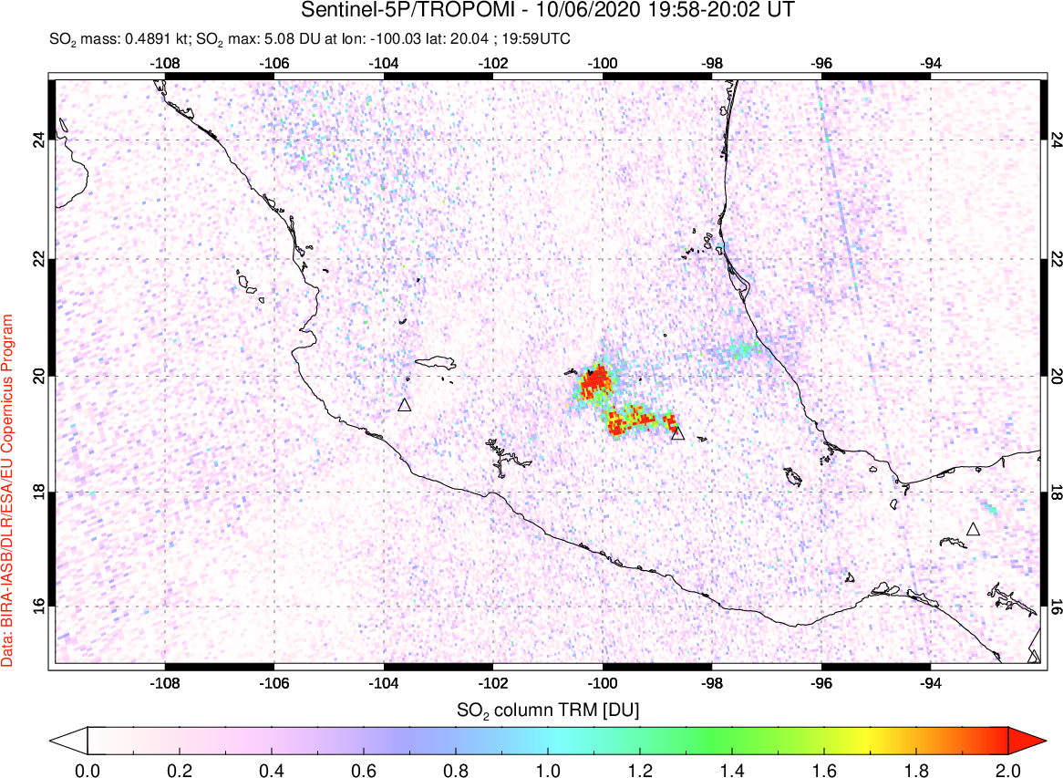 A sulfur dioxide image over Mexico on Oct 06, 2020.