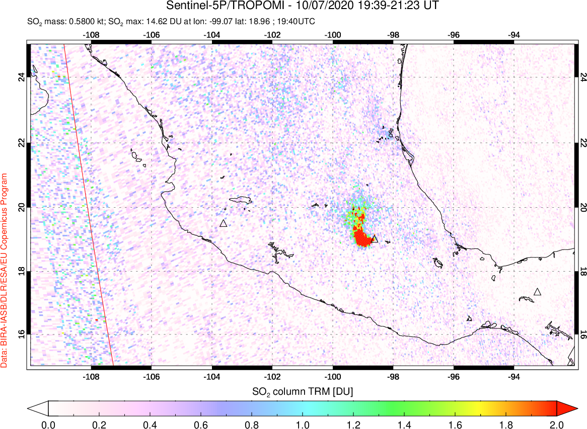 A sulfur dioxide image over Mexico on Oct 07, 2020.
