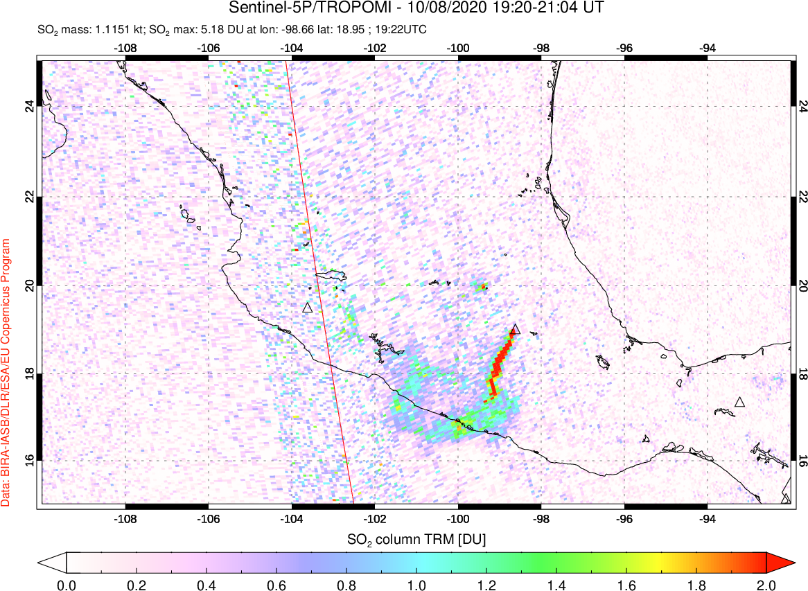 A sulfur dioxide image over Mexico on Oct 08, 2020.