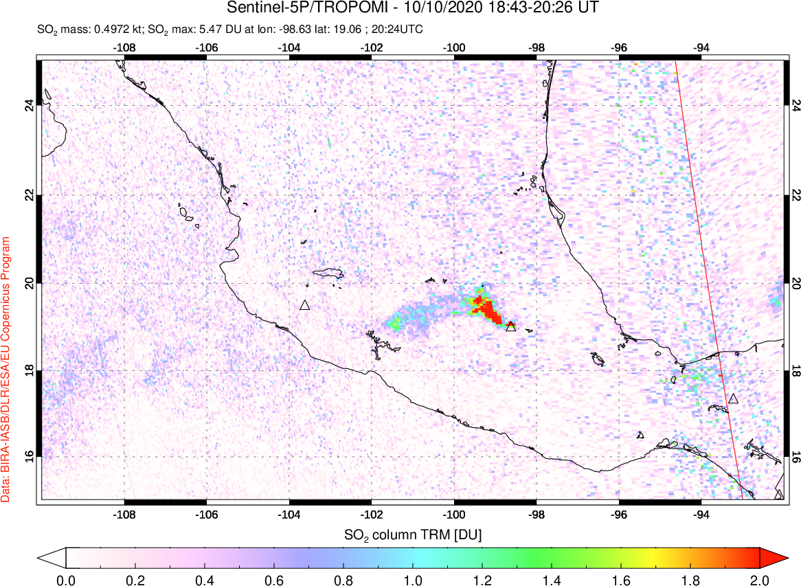A sulfur dioxide image over Mexico on Oct 10, 2020.