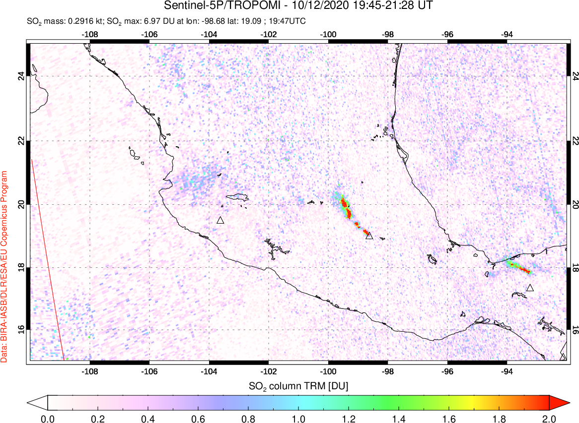 A sulfur dioxide image over Mexico on Oct 12, 2020.