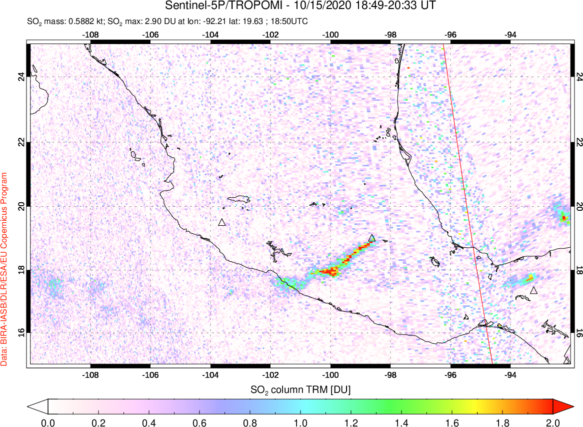 A sulfur dioxide image over Mexico on Oct 15, 2020.