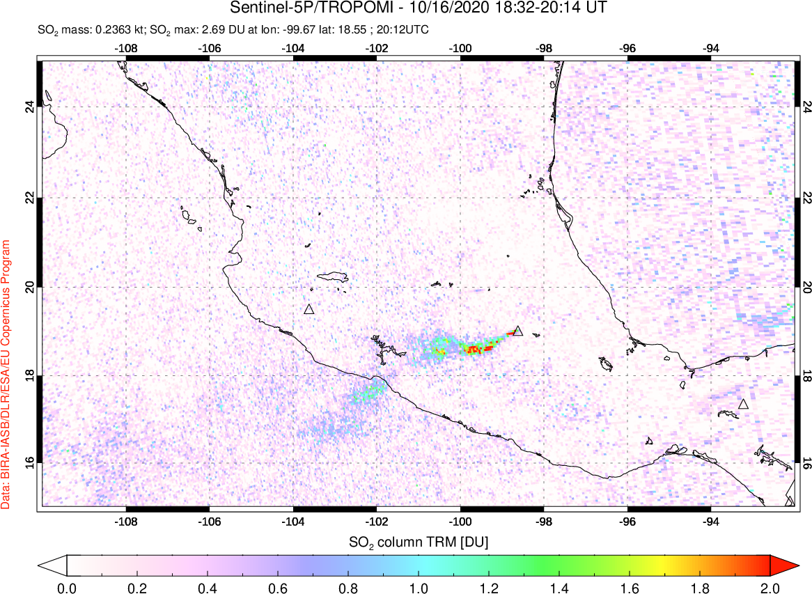 A sulfur dioxide image over Mexico on Oct 16, 2020.