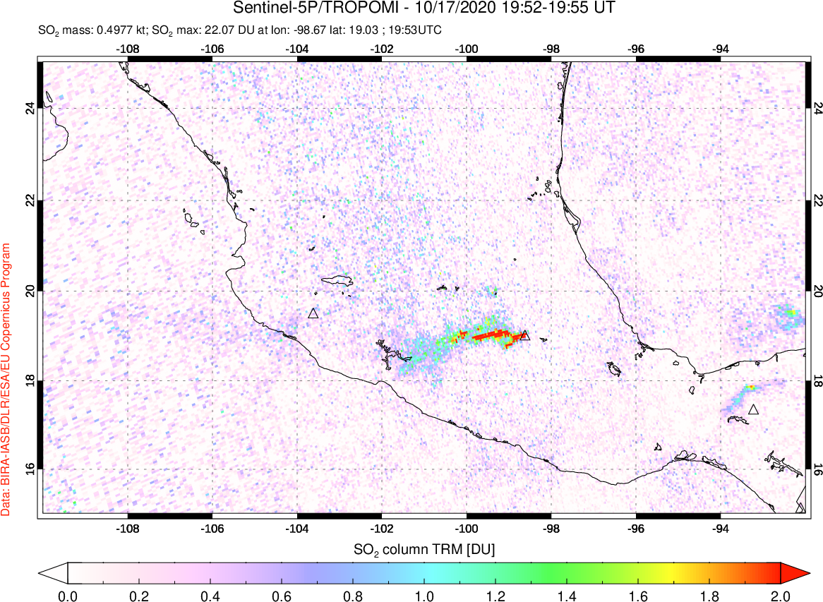 A sulfur dioxide image over Mexico on Oct 17, 2020.
