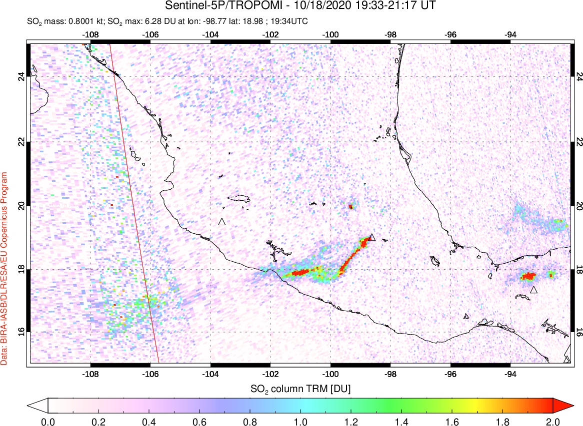 A sulfur dioxide image over Mexico on Oct 18, 2020.