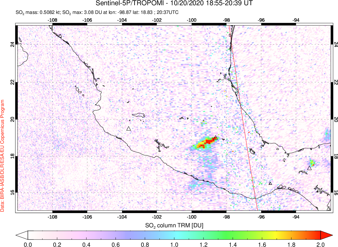 A sulfur dioxide image over Mexico on Oct 20, 2020.